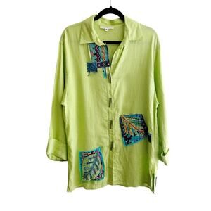 Courtney Washington Reworked 100% Linen Lime Green Artsy Tunic Jacket Top